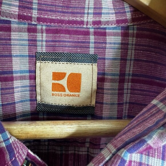 Hugo Boss Orange Linen Blend Plaid Button Up Shirt Purple Mens XL Western Preppy - Picture 8 of 15